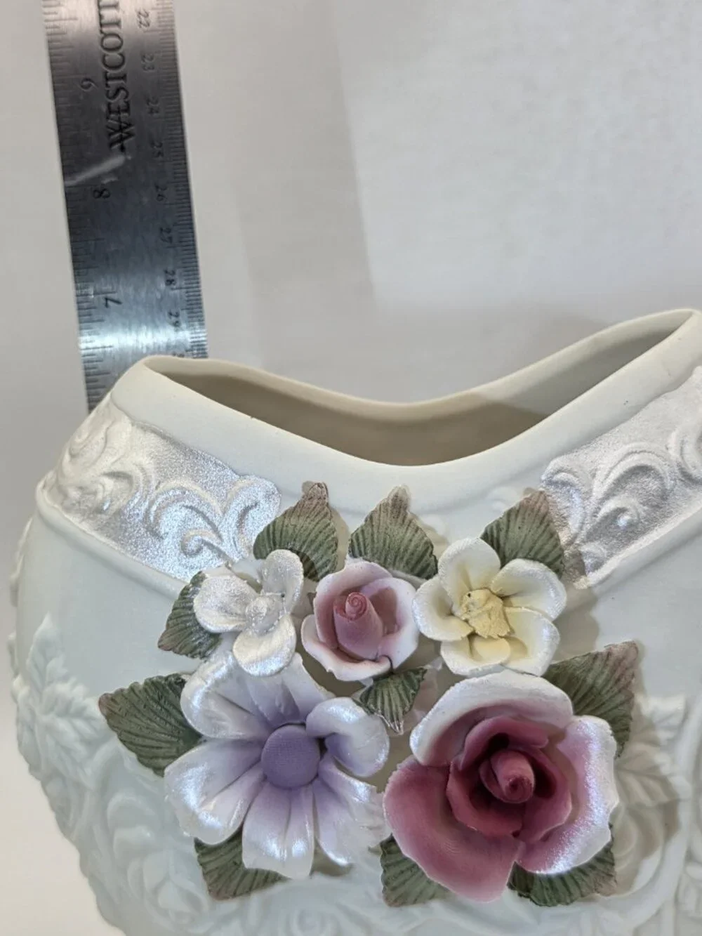 Capodimonte Style Heart Shaped Bisque Vase with Applied Flowers